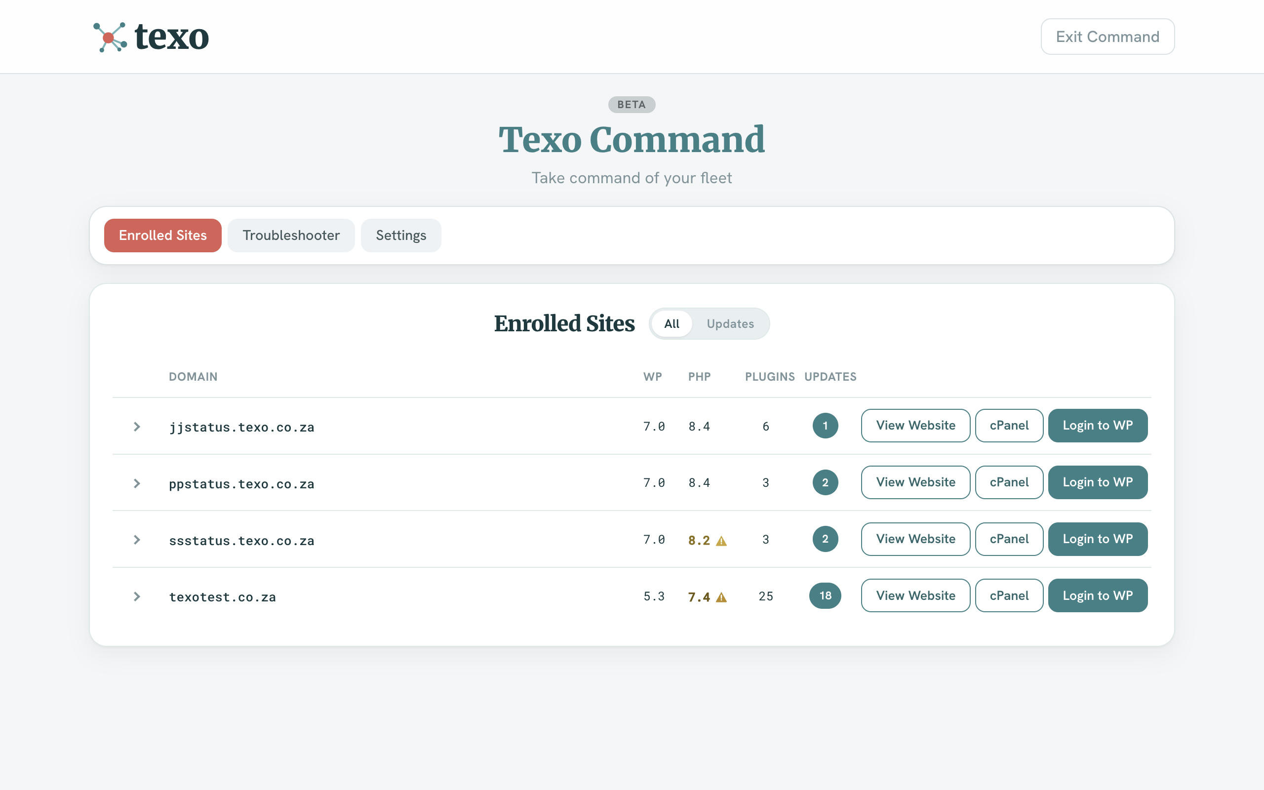 Enrolled Sites list showing domain, WordPress version, PHP, plugin count, updates, and action buttons