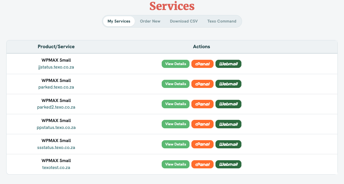 My Services. Texo Command is in the bar under the title. There is no plus column on the service list.