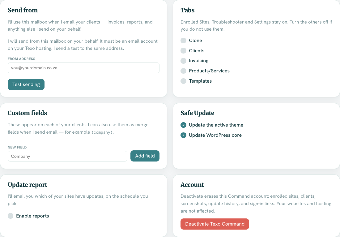 Command Settings with Send from, Tabs, Safe Update ticks, and Deactivate