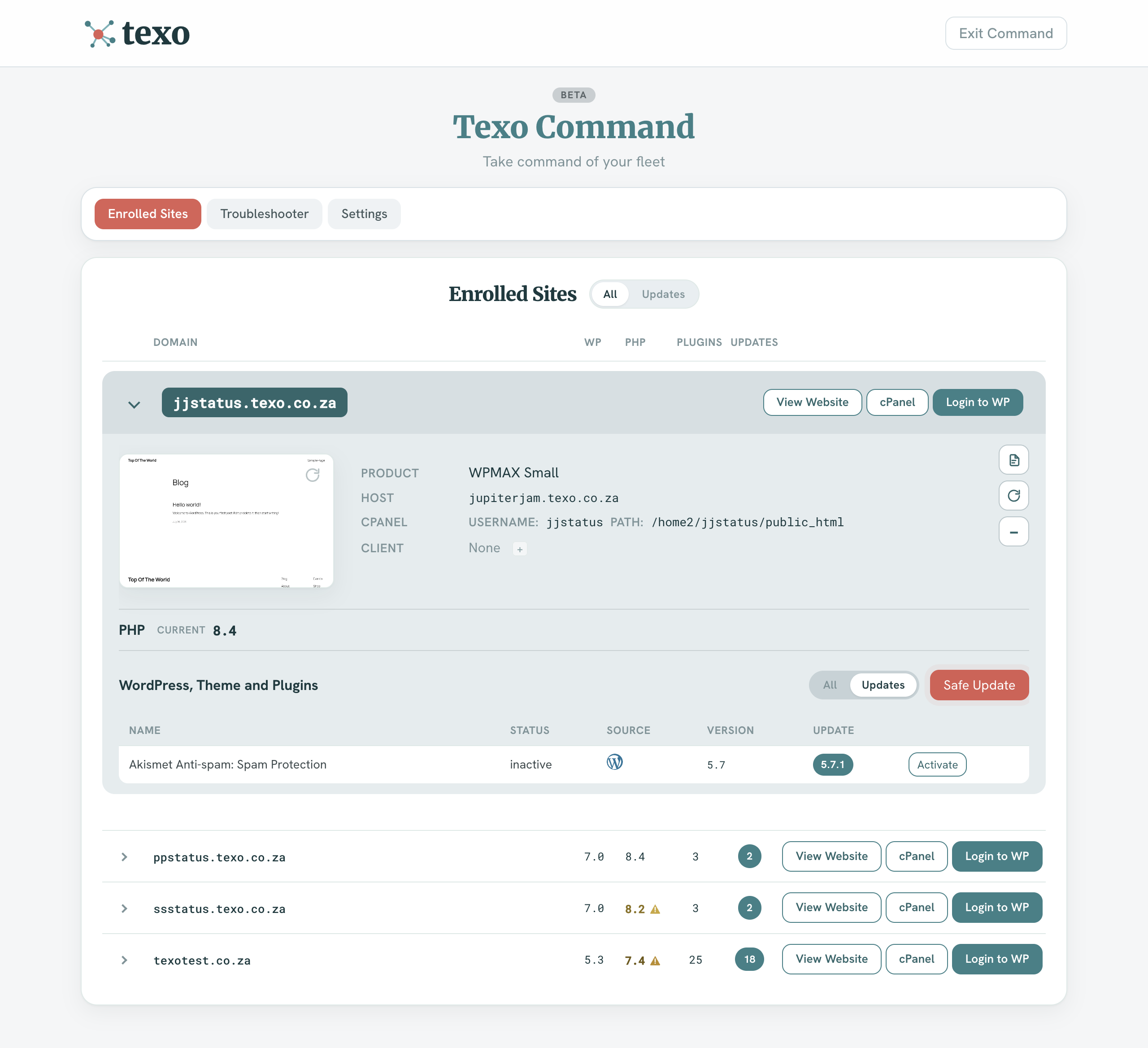 Expanded site card for a WordPress site on PHP 8.4 with Safe Update available