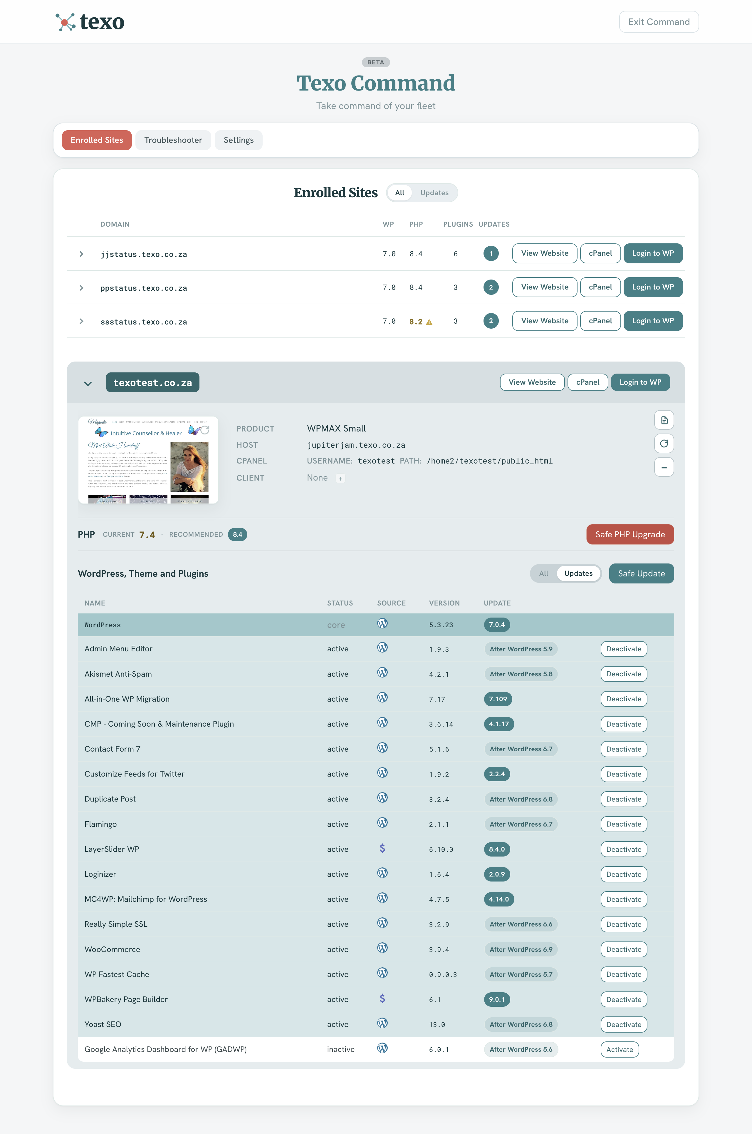 Expanded texotest.co.za on PHP 7.4 with Safe PHP Upgrade, After WordPress labels, and plugin updates
