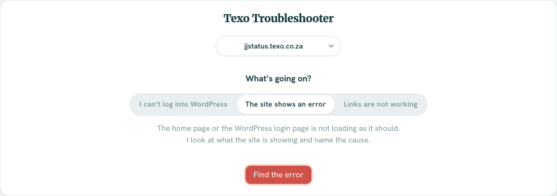 Troubleshooter with The site shows an error selected and a Find the error button