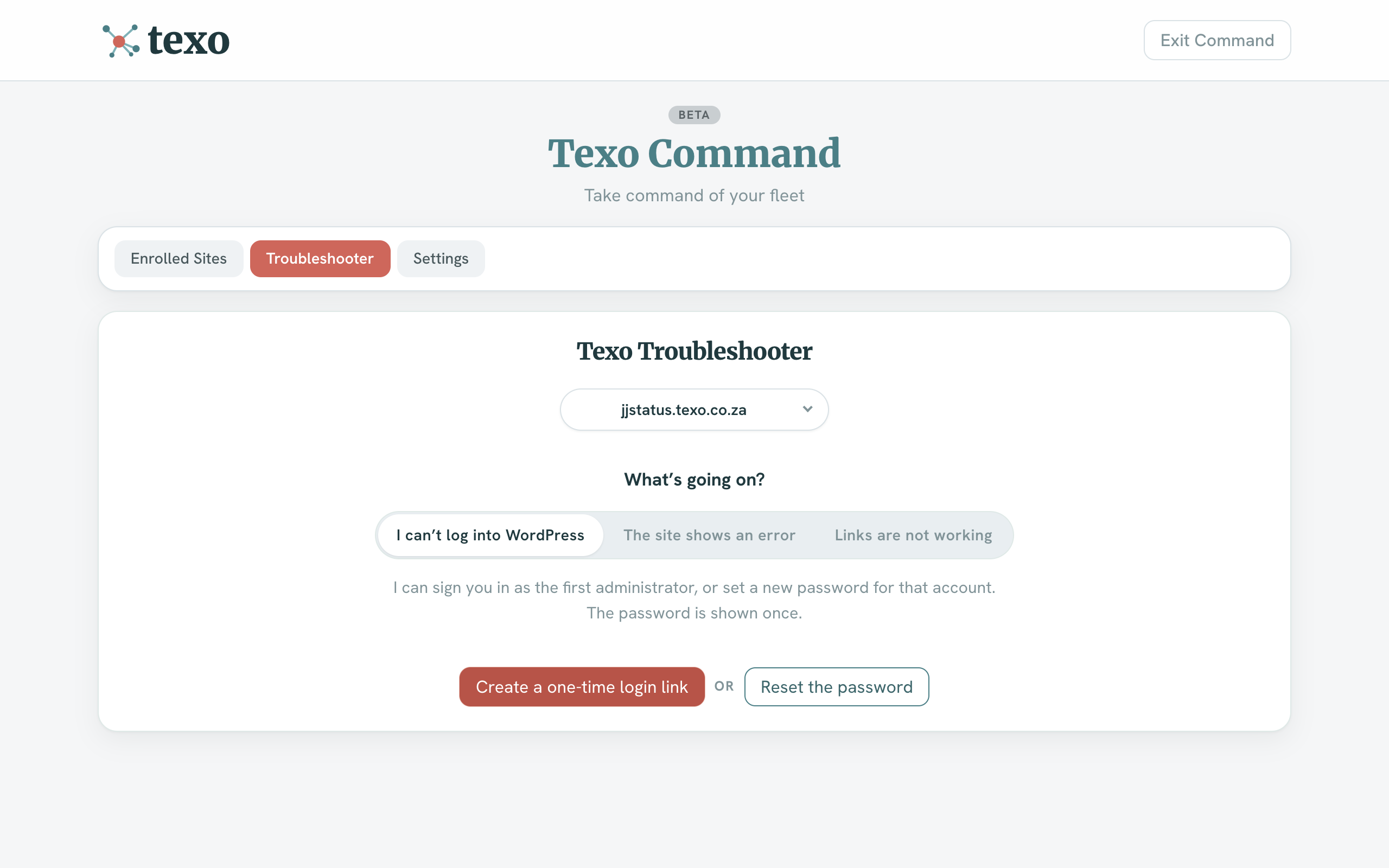 Troubleshooter with three problem pills and login or reset password buttons