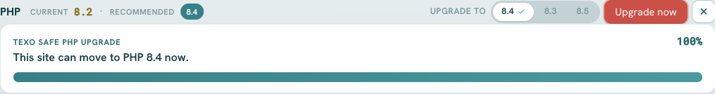 PHP 8.2 with recommended 8.4 selected, Upgrade now in salmon, and a note that the site can move to PHP 8.4