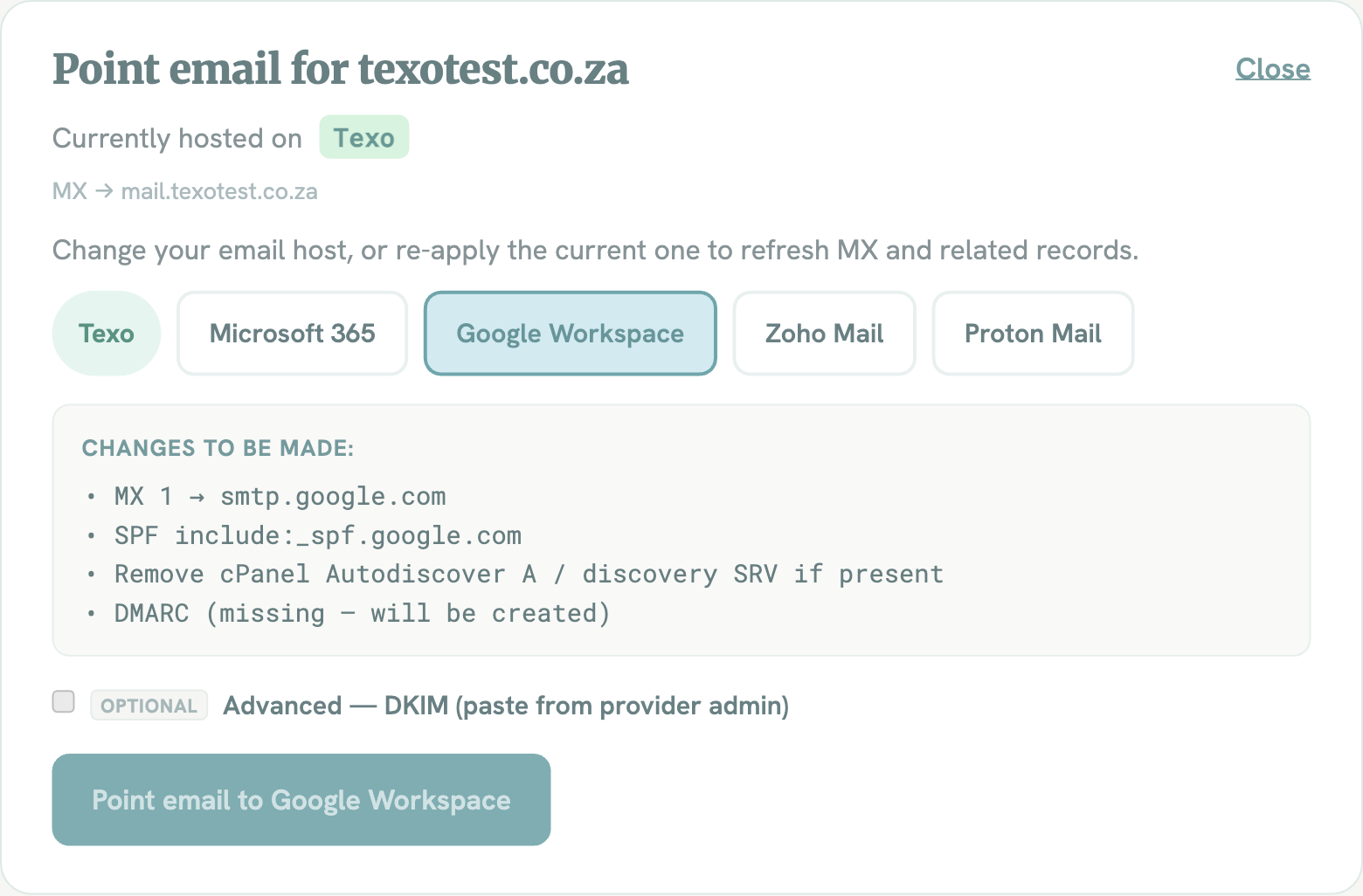Point email to Google Workspace with preview of records