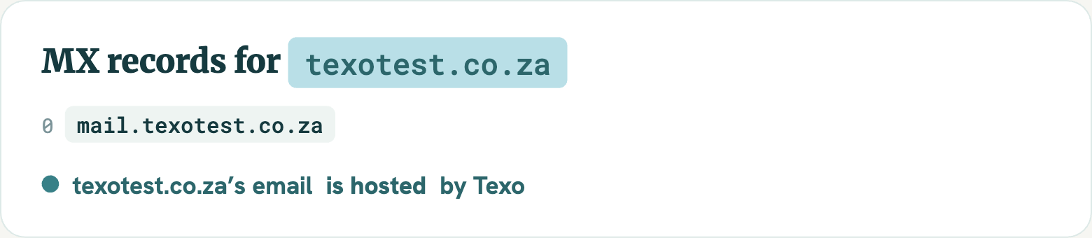 MX card showing mail hosted by Texo