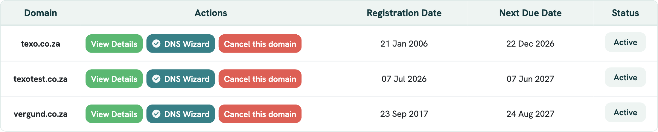My Domains list with a DNS Wizard button next to each domain
