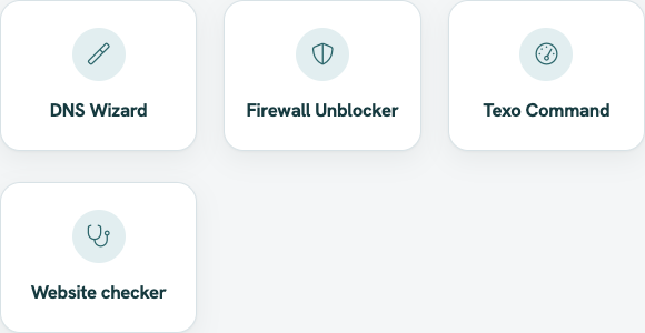 Tools page with DNS Wizard, Firewall Unblocker, Texo Command and Website checker cards
