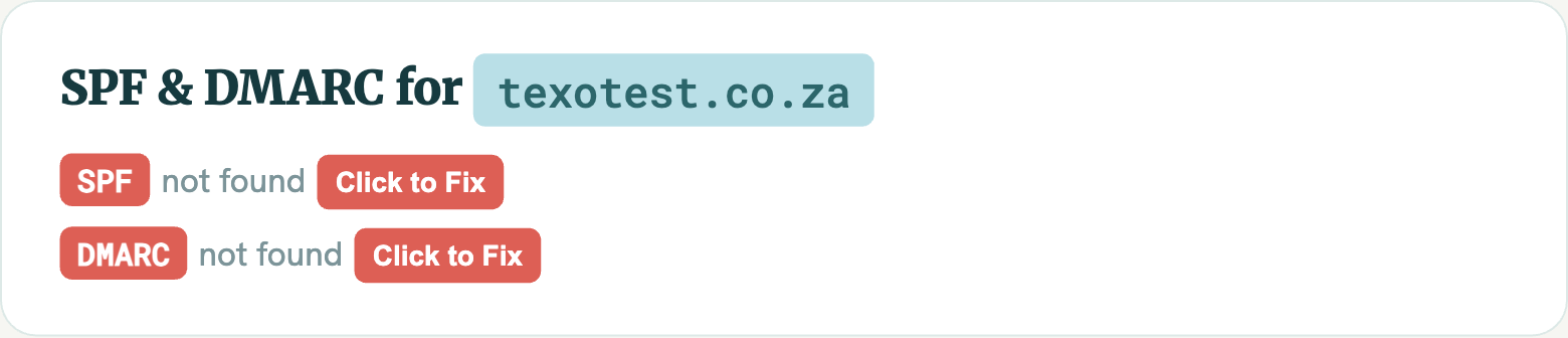 SPF and DMARC missing with Click to Fix buttons