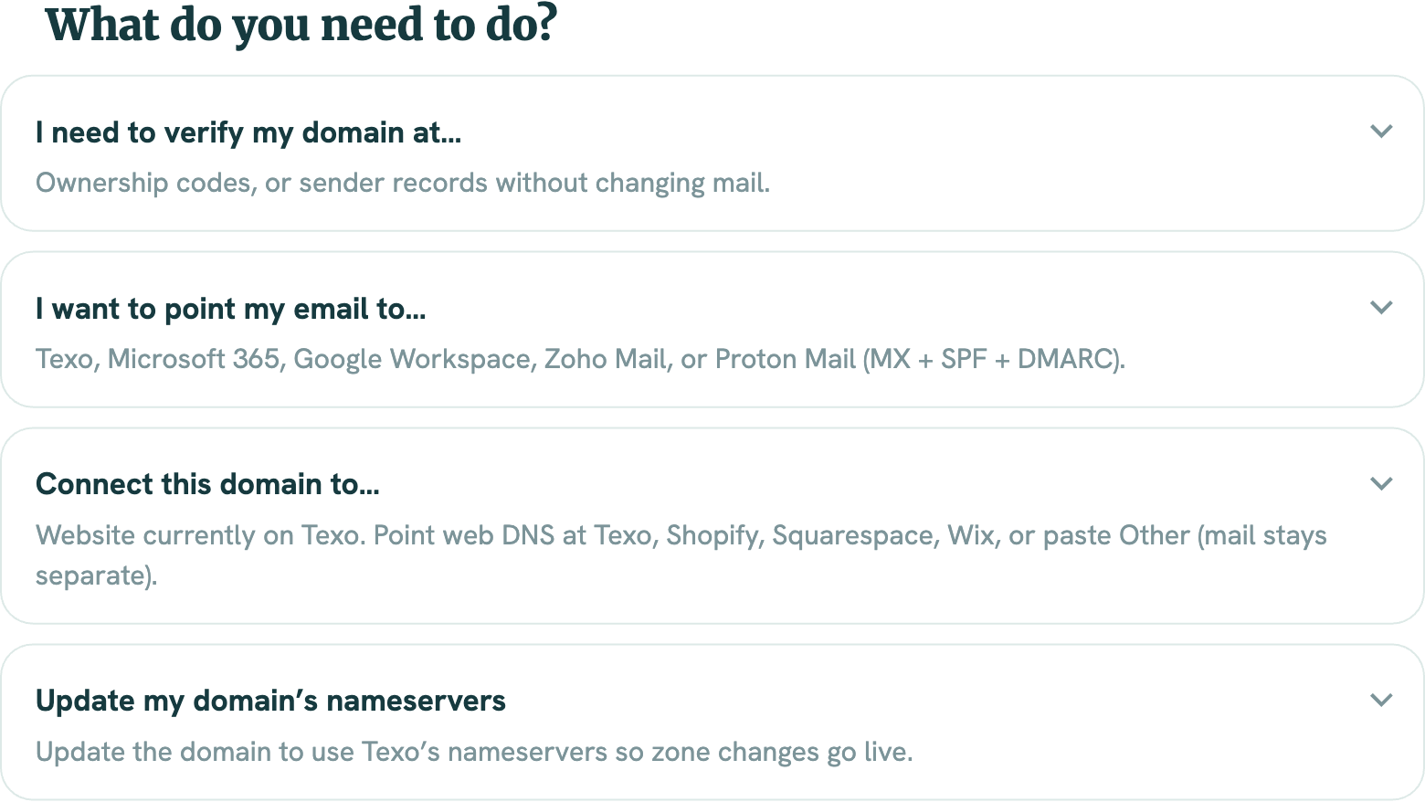 The four DNS Wizard tasks: verify, point email, connect a website, update nameservers