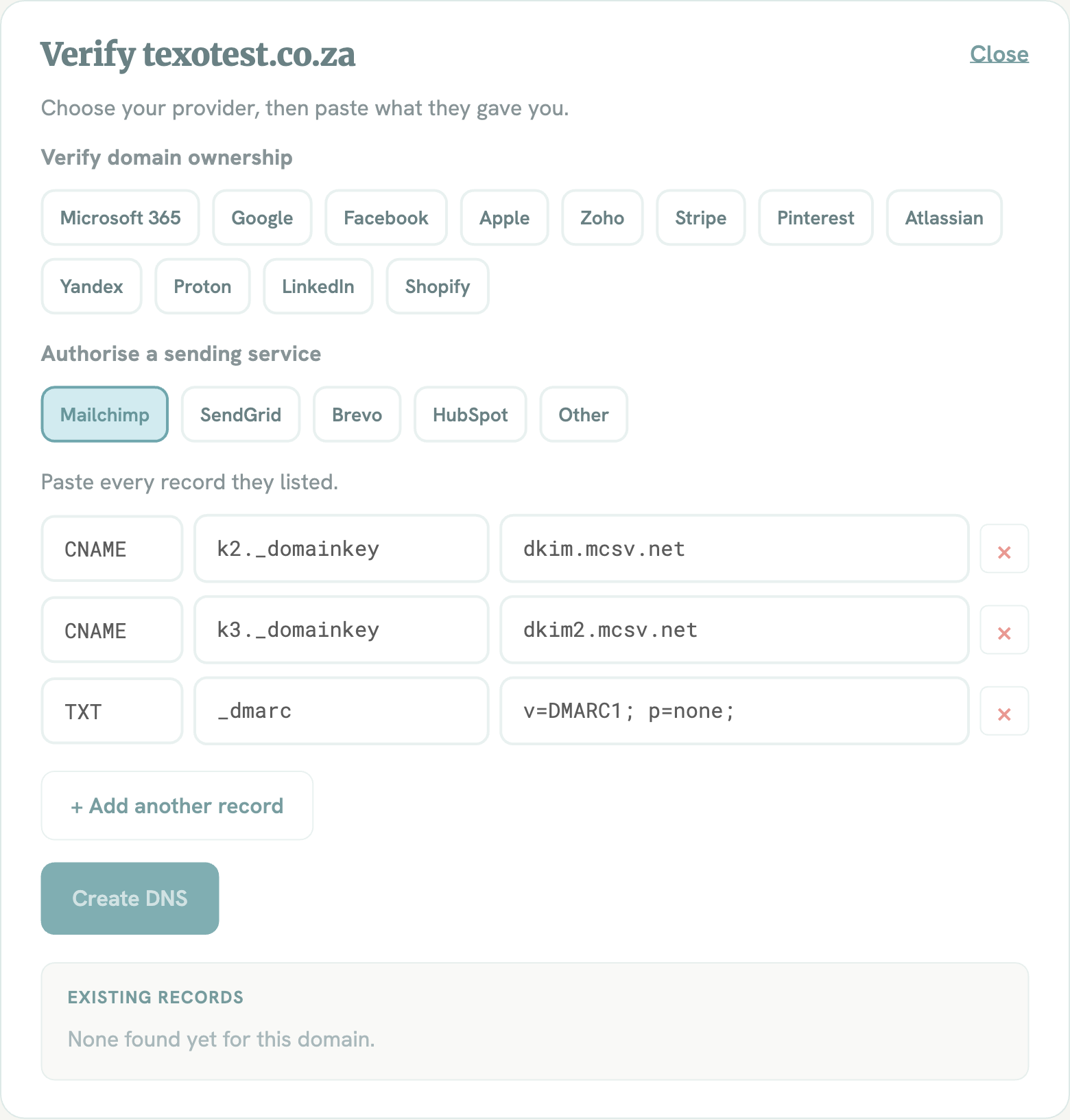 Mailchimp sender records filled in the DNS Wizard