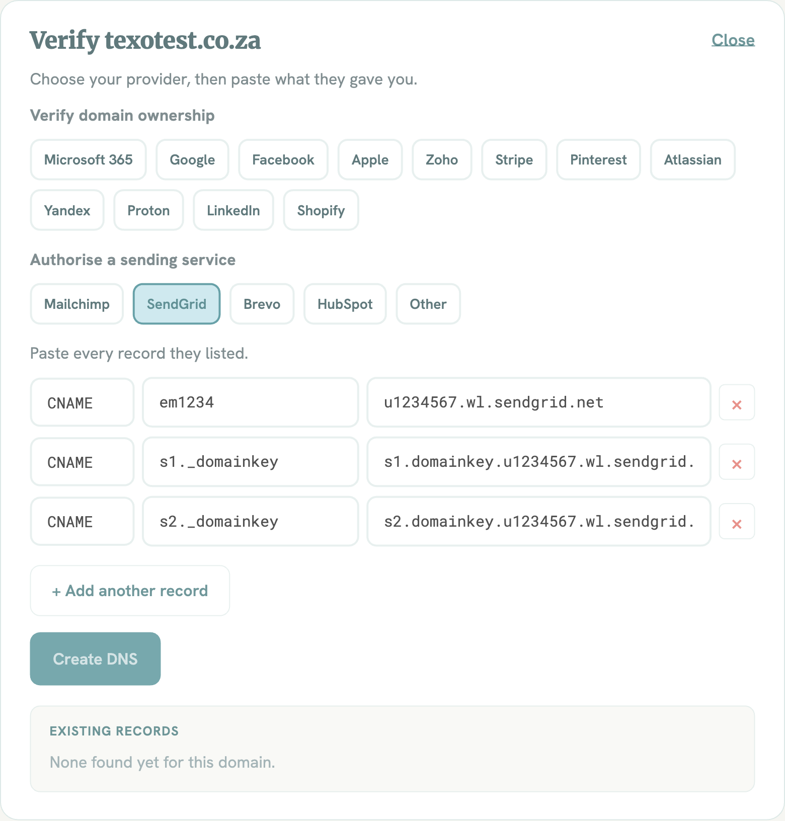 SendGrid three CNAME sender records in the DNS Wizard