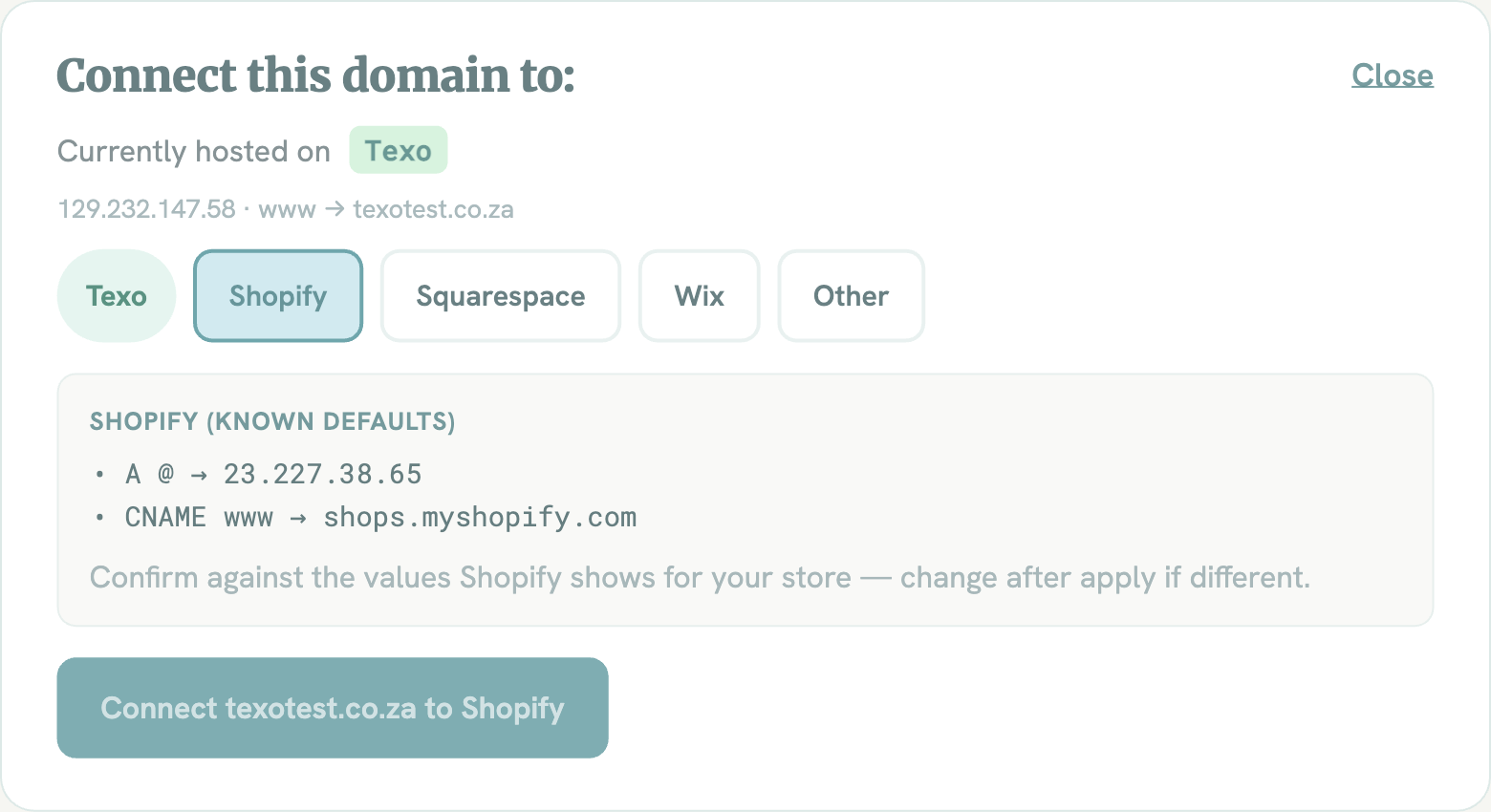 Connect website to Shopify in the DNS Wizard