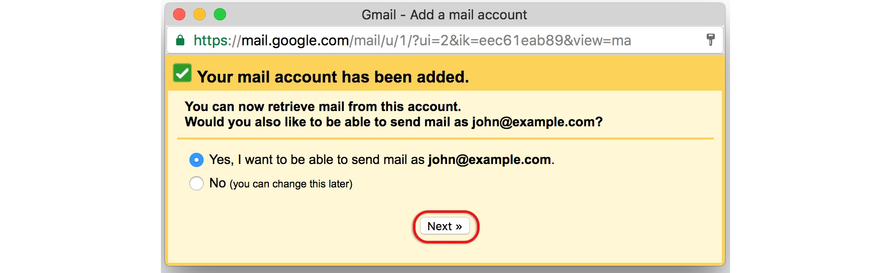Account added, send mail as