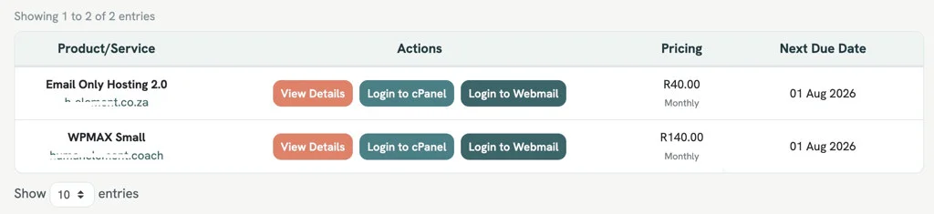 My Services list showing View Details, Login to cPanel and Login to Webmail buttons for each hosting account