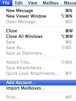 Mail File menu, Add Account