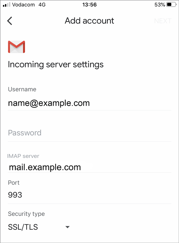 Incoming server settings for Texo