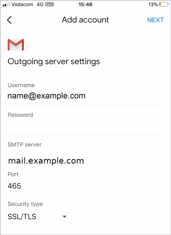 Outgoing server settings for Texo