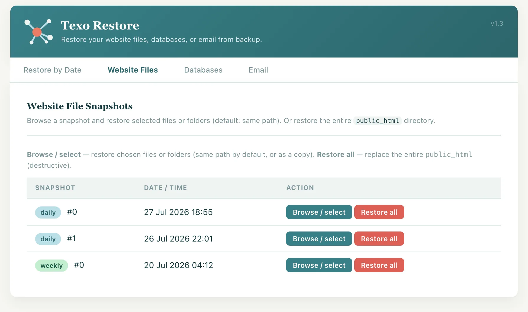 Texo Restore — Website Files tab with Browse/select and Restore all buttons