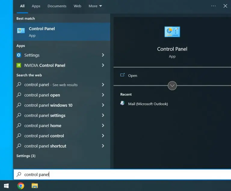 Searching for Control Panel