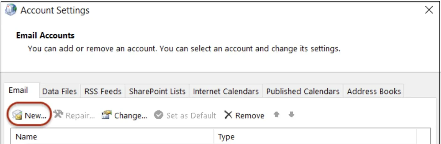 Account Settings, New button
