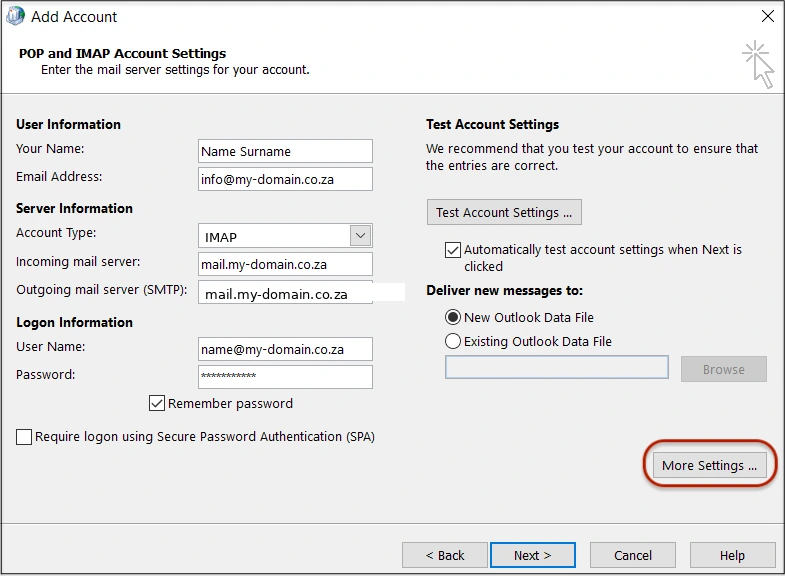 POP and IMAP Account Settings filled in for Texo