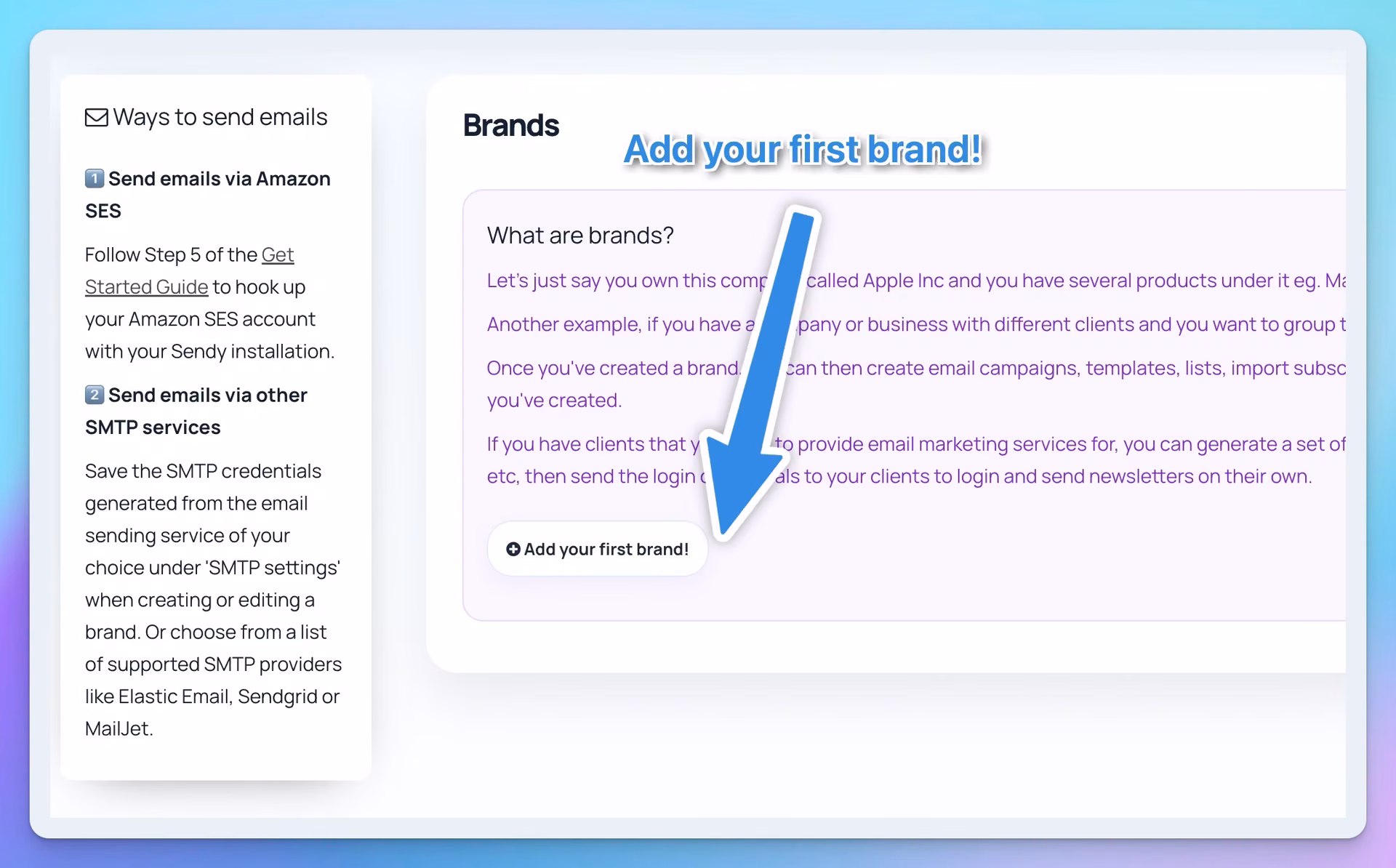 Sendit! dashboard — add your first brand