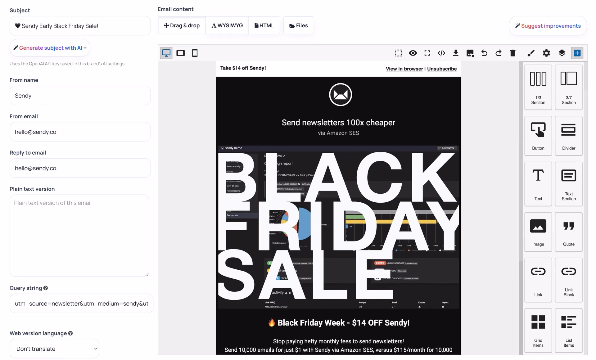 Drag-and-drop email editor in Sendit!