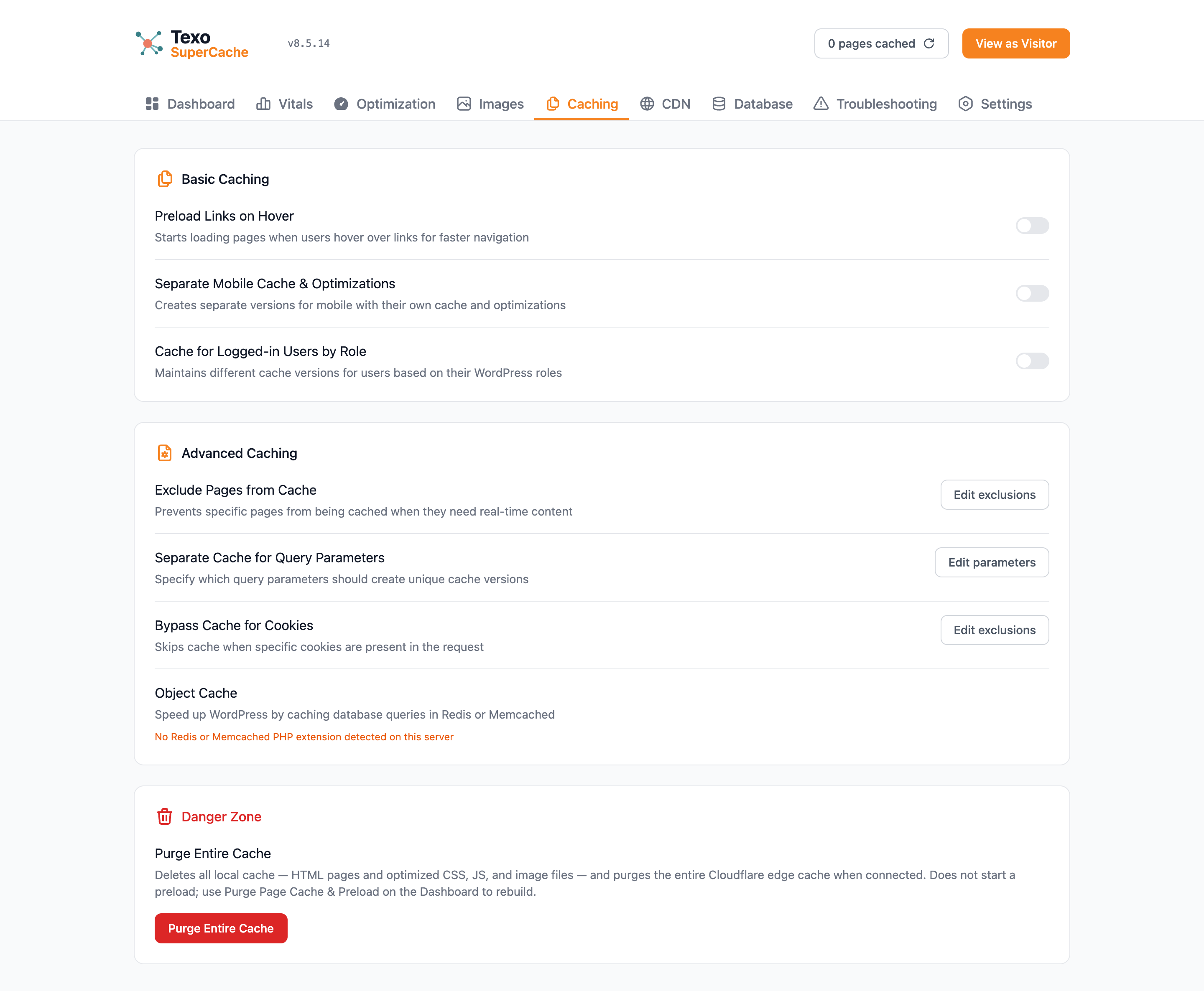 Texo SuperCache Caching tab