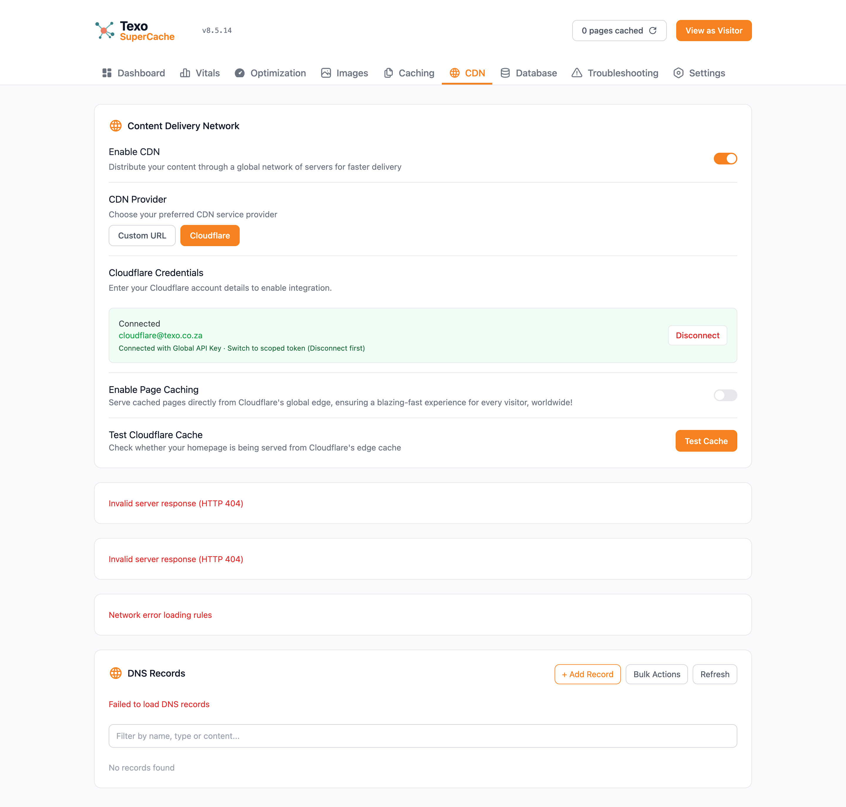 Texo SuperCache CDN tab