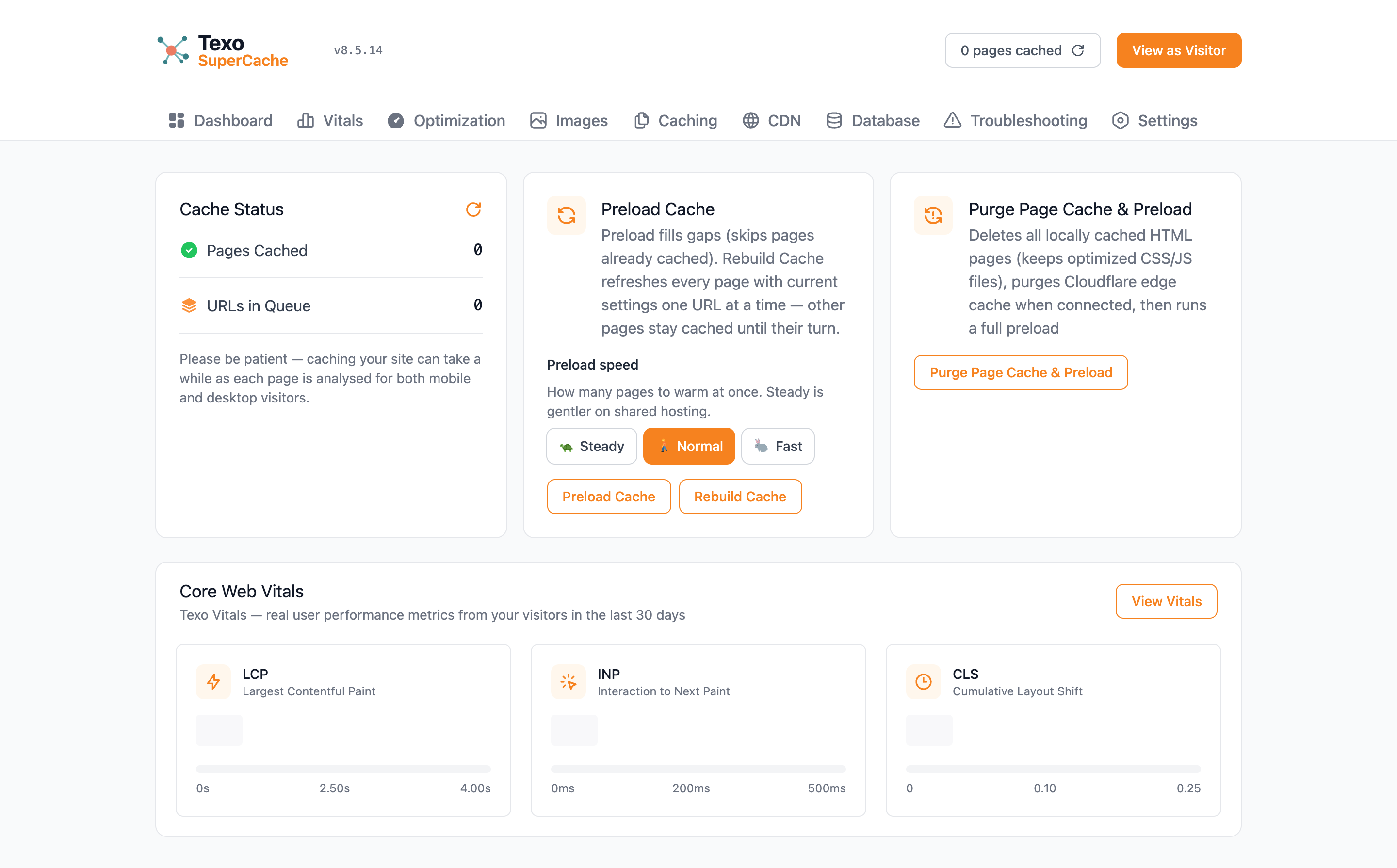 Texo SuperCache Dashboard tab