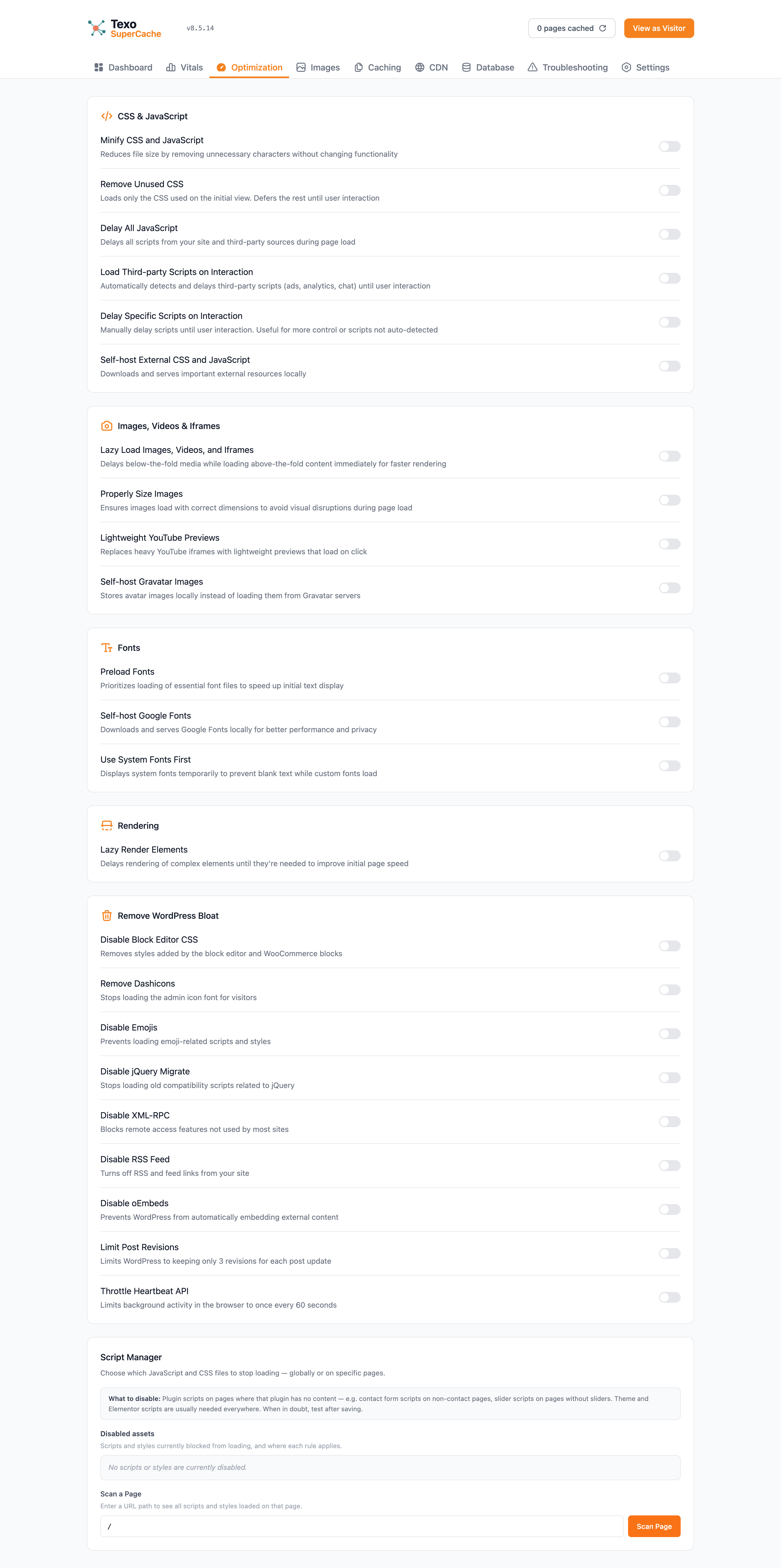 Texo SuperCache Optimization tab