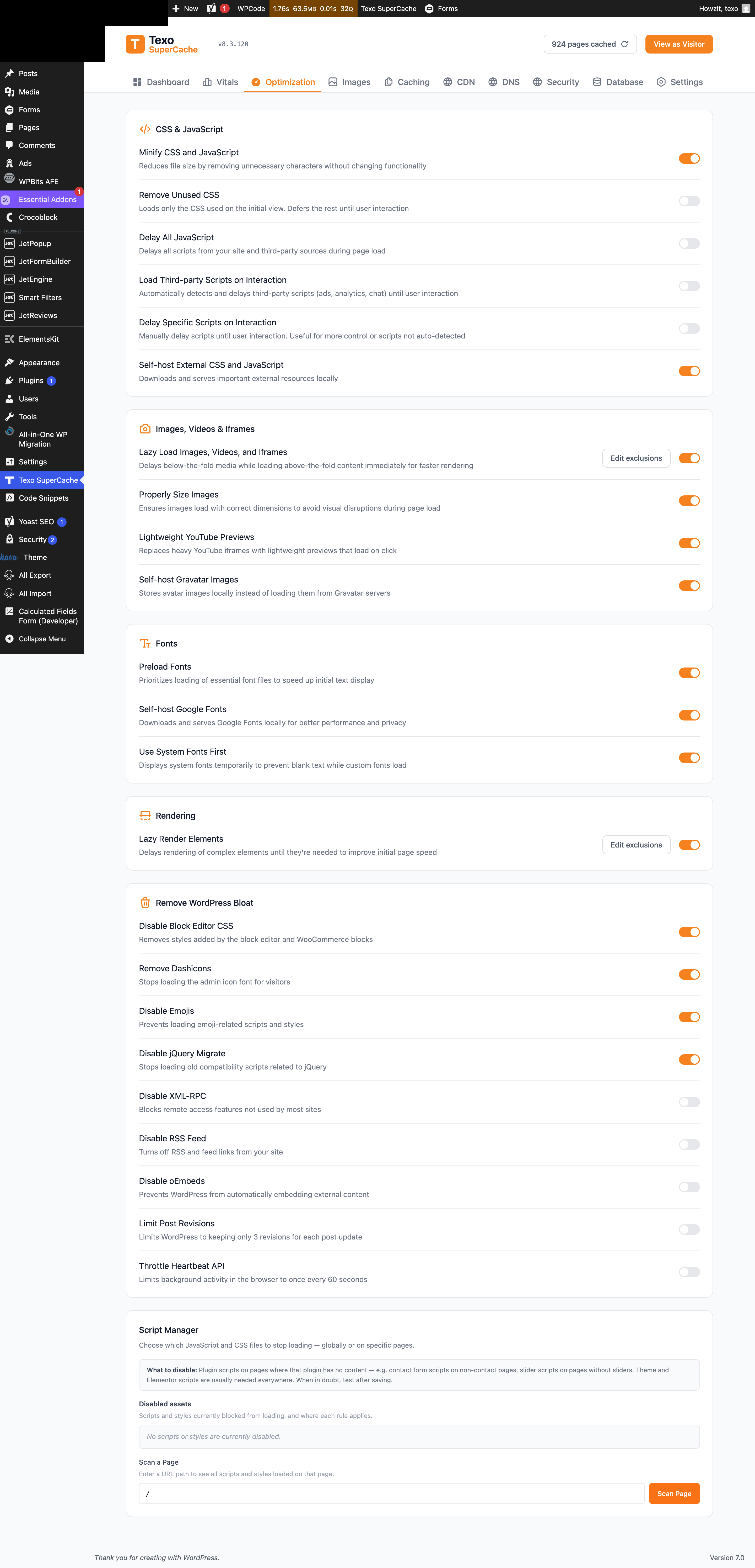 Texo SuperCache Optimization tab