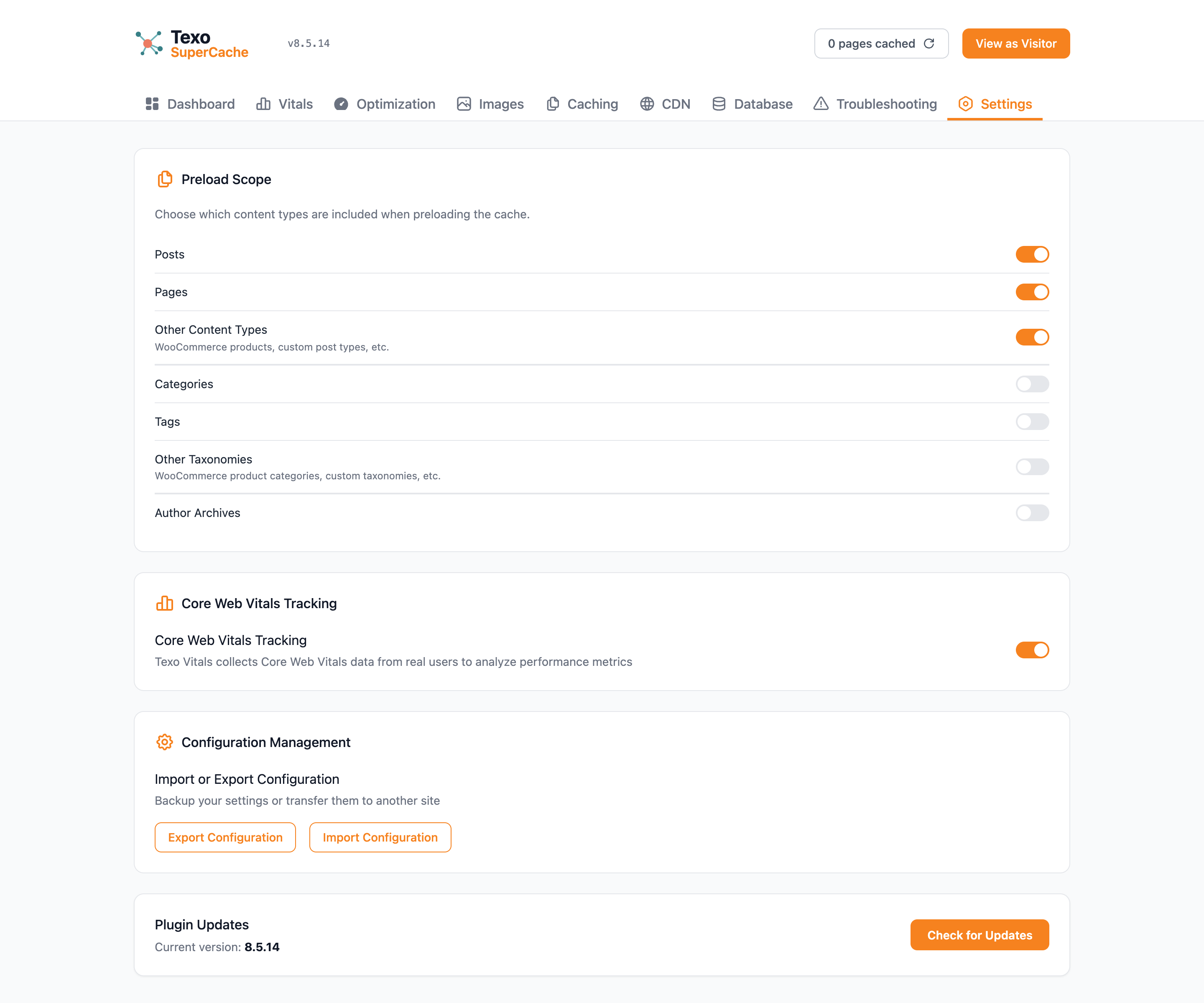Texo SuperCache Settings tab