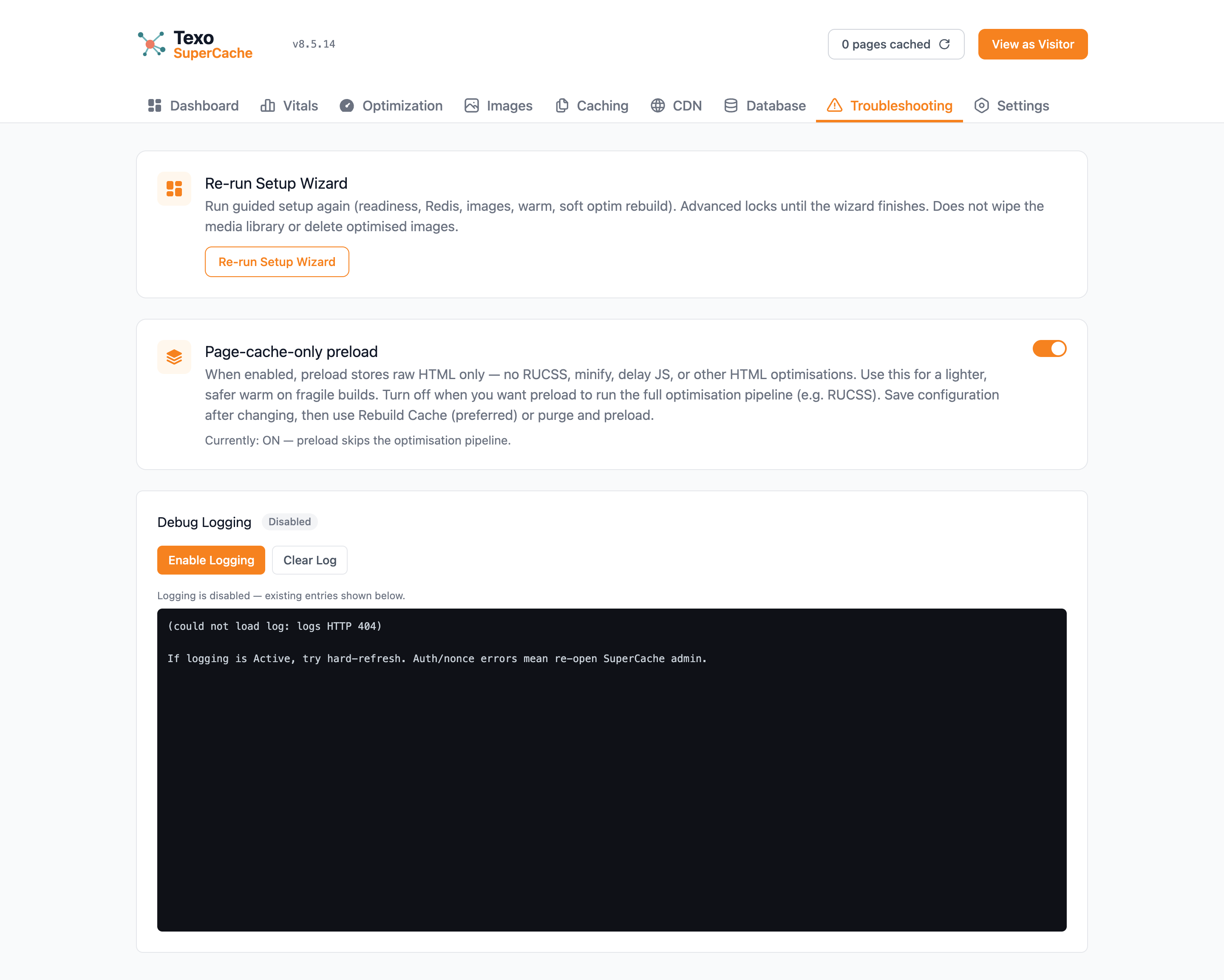 Texo SuperCache Troubleshooting tab